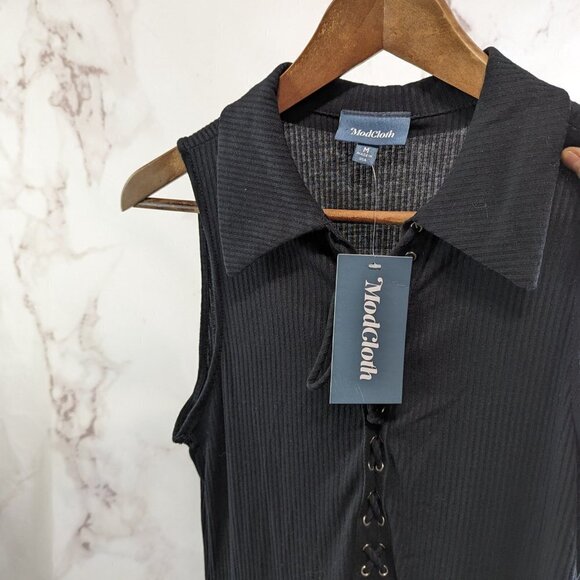 Modcloth Dress Women 8 10 Medium Black Maxi Tank Sleeveless Rib Lattice Tie - Picture 2 of 13